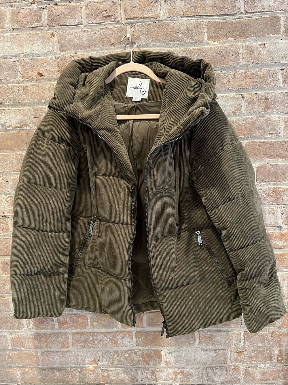 Sam Edelman Olive Green Corduroy Puffer Coat with Hood